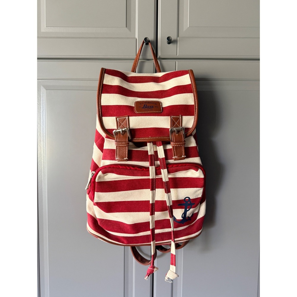 G.H. Bass & Co Striped Nautical Anchor Canvas Backpack Rucksack,Red White, OS